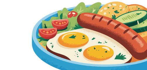 Wholesome breakfast plate with fried eggs sausage tomatoes lettuce and cucumber slices