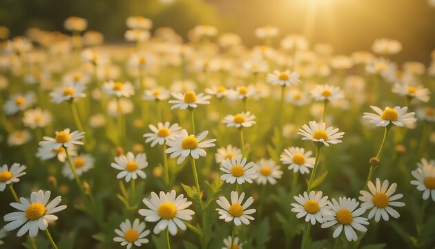 Field of white daisy flowers with yellow centers in bright sunlight.