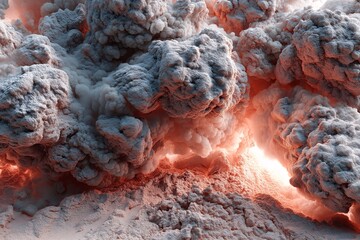 Volcano Eruption. Explosive Lava Landscape with Ash, Smoke & Magma