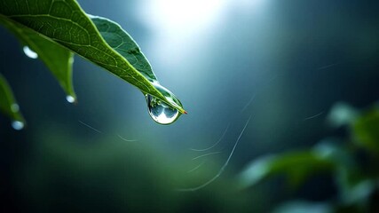 Raindrop forming and falling from leaf edge, cinematic slow motion - Powered by Adobe