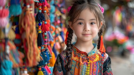 Fototapeta premium Girl with braids smiles, in a colorful ornate dress, beside bright tassels