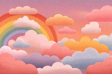 Abstract Colorful Sky with Rainbow and Clouds. Whimsical Sunset Illustration in Pastel Shades