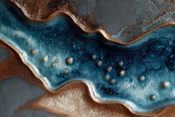 Fluid Art Abstract Texture. Blue and Brown Swirl Patterns in Modern Aerial Photography