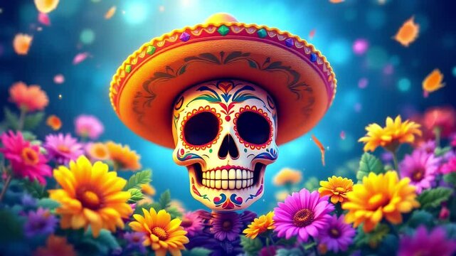 Vibrant Sugar Skull with Sombrero, Surrounded by Flowers, Celebrates Day of the Dead