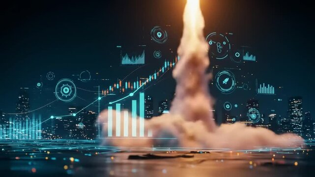 Tech rocket launches over digital city