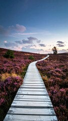 Wooden Pathway Winding Through Purple Flowering Moor Under Cloudy Sky During Golden Hour