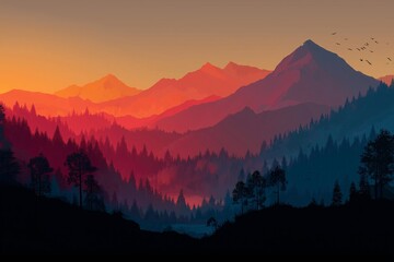 Majestic Mountain Sunset. Captivating Digital Art Landscape with Silhouetted Trees and Backlit Forest in Vibrant Tones