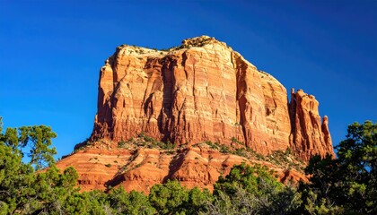 Wind-Swept Sandstone Mesa Against Deep Blue Sky Showcasing Rugged Terrain and Natural Beauty