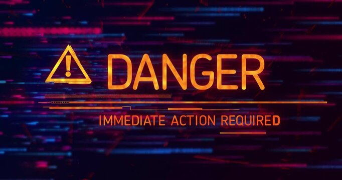 Sliding data lines revealing alert triangle, text glitching then shifting to urgent action required