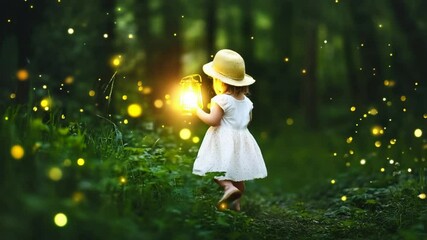 Little Girl's Magical Night: Lantern Light in Enchanted Forest with Fireflies - Powered by Adobe