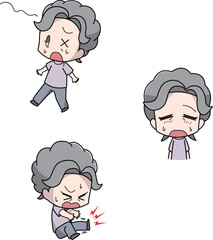 熱中症の初期症状になる高齢女性のイラスト3パターンセット