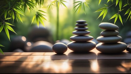 Obraz premium stones stacked with bamboo leaves, peaceful spa atmosphere-
