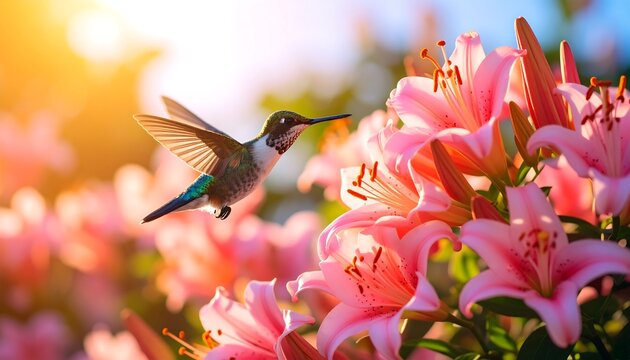 A hummingbird hovers amidst vibrant pink lilies bathed in sunlight