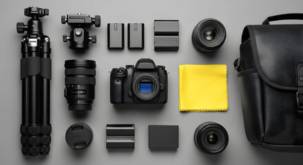 Camera Gear Flat Lay with Tripod, Lens, Bag, Battery and Cleaning Cloth