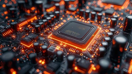 Illuminated circuitry close-up complex processor with orange glow & intricate connections