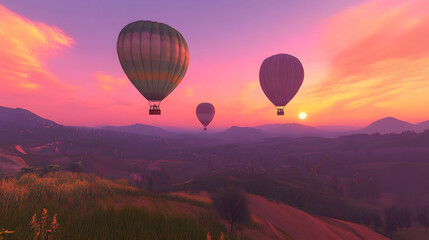 Hot air balloons soaring gracefully over a serene landscape at sunset ambiance