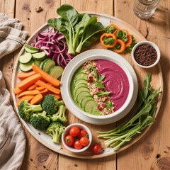 Vibrant flat lay of a healthy vegan meal with fresh vegetables and a smoothie bowl. Styled on a rustic wooden table, ideal for clean-eating, lifestyle, and recipe content.