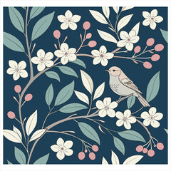 Charming bird perched on a blooming branch with delicate flowers and berries on a dark blue background