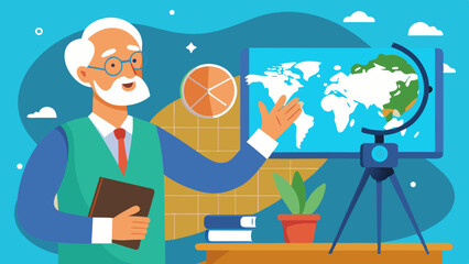 Senior man teaching history on camera, presenting a globe and map, surrounded by educational materials, creating an engaging learning environment for viewers interested in geography and culture
