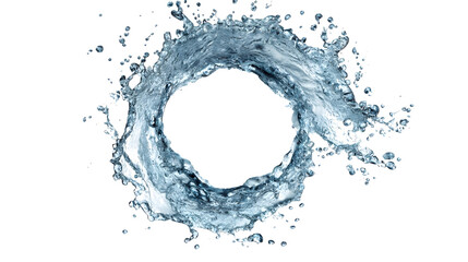 An elegant splash of fresh, swirling water, creating a dynamic ring effect on a clean white backdrop for various creative designs.