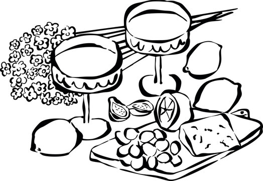 Copas y tabla de quesos dibujadas a mano. Ilustraci&oacute;n de bebidas para invitaci&oacute;n, papeler&iacute;a o branding. Icono de brindis y celebraci&oacute;n. Garabato de Paisaje de mesa.
