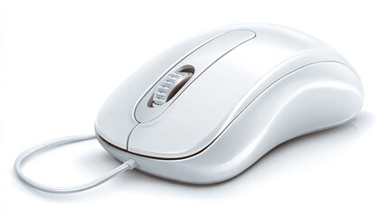 Glossy white computer mouse with scroll wheel and attached cord on a white background