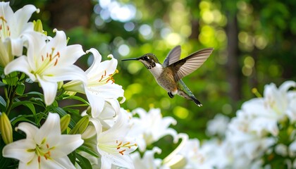 Fototapeta premium A hummingbird hovers near a cluster of white lilies