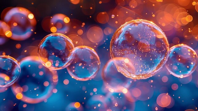 Spheres with sparkling, bokeh-filled background. Translucent bubbles float in an abstract, orange-blue space