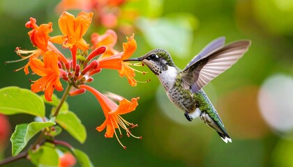 Obraz premium A hummingbird hovers near bright orange trumpet-shaped flowers
