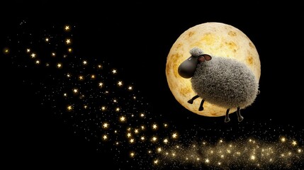 Sheep floating near moon at night