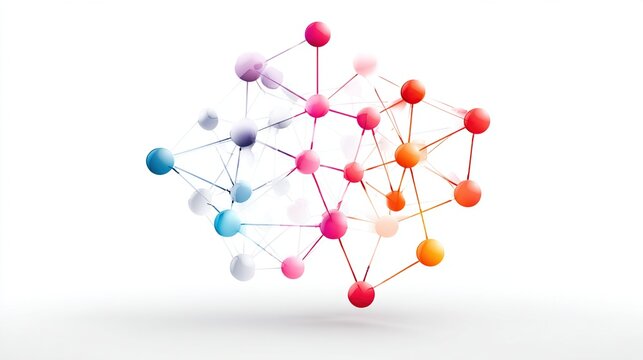 Colorful spheres linked by lines, transitioning from blue to red on a white backdrop