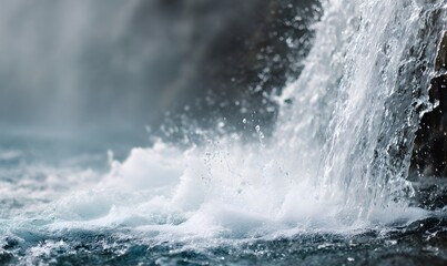 Fototapeta premium A waterfall spouting steam. It flows as a single stream of water and the speed of falling is very fast and cool, Generative AI