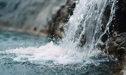 Fototapeta premium A waterfall spouting steam. It flows as a single stream of water and the speed of falling is very fast and cool, Generative AI