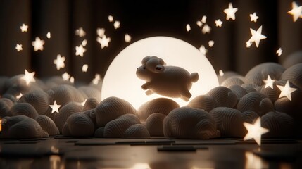 Sheep flying above clouds at night