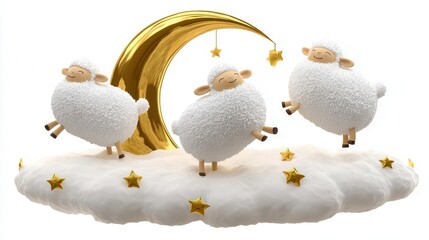 Cute jumping sheep on cloud with moon