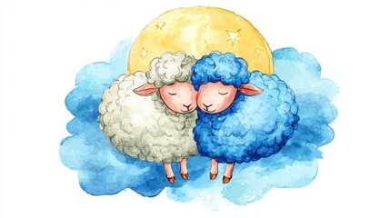 Sheep sleeping on cloud watercolor illustration