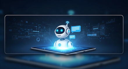 Robot on Tablet with Chat Bubbles
