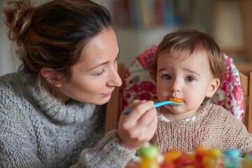 Loving mother feeds her adorable baby with a cheerful expression