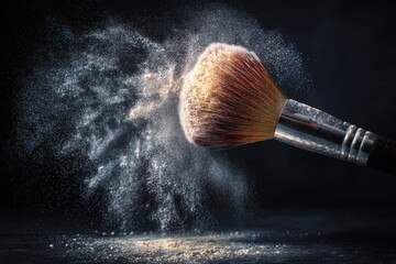 Makeup Brush Creating Colorful Dust Cloud on Dark Background