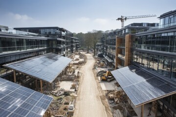 Modern Urban Development with Solar Panels and Construction Site