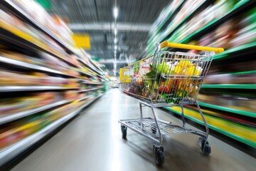 Motion Blur of Shopping Cart in Grocery Store Aisle Full of Goods
