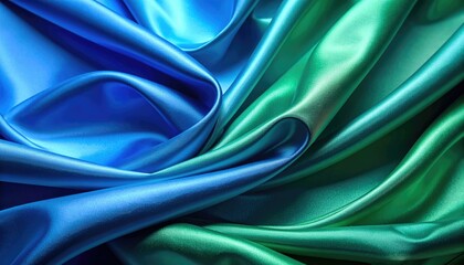 Abstract Silk Dupioni Fabric Displaying Blue And Green Hues With Shimmering Texture And Elegant Wavy Folds