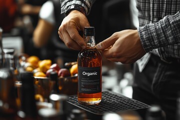 Organic Beverage Bottle Held by Person in a Modern Bar Setting