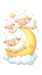 Cute cartoon sheep on crescent moon