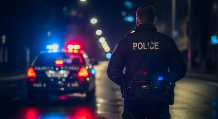 Police Officer at Night Standing Near Car