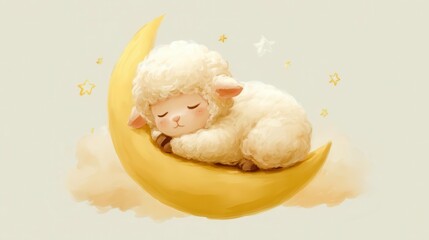 Cute sheep sleeping on crescent moon illustration