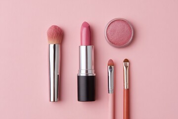 Pink Lipstick and Makeup Brushes on Soft Pink Background