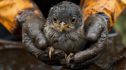 Rescued Bird Covered in Oil and Mud in Hands of Caregiver