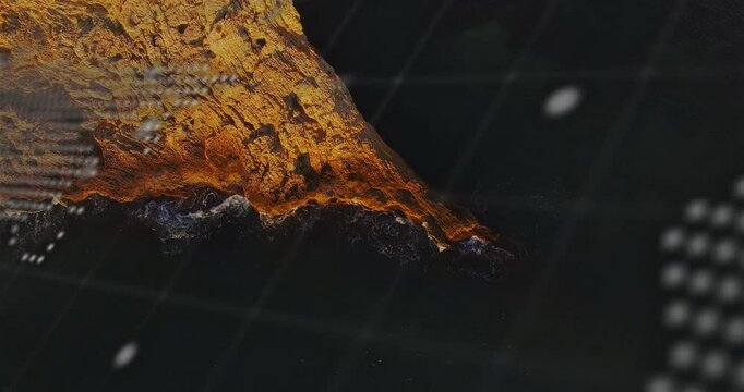 Molten orange texture creeping eastward animating code deployment upon dot-matrix map emergence