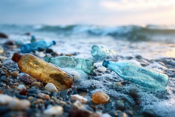 Sea Pollution with Plastic Bottles on Rocky Beach Shoreline